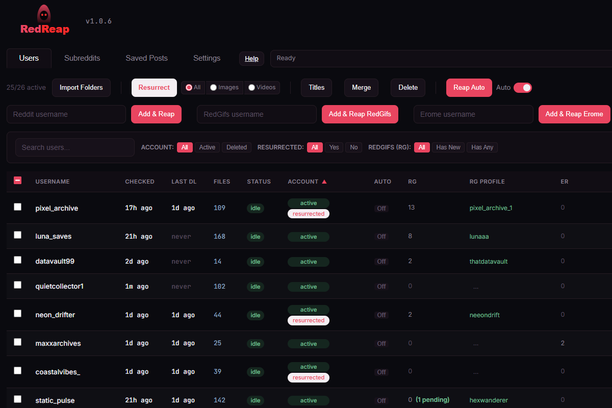 RedReap reddit video downloader dashboard showing user tracking, file counts, and resurrection status