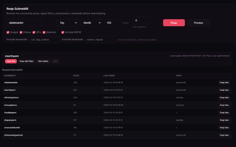 RedReap subreddit downloader with filters for sort, timeframe, media type, and minimum upvotes